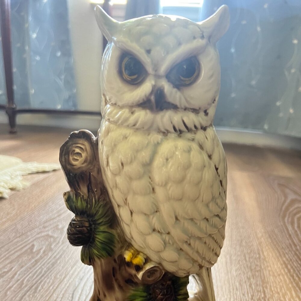 Vintage 10.5" Ceramic Owl Figurine on Wood Base | Large 1970s Woodland Decor